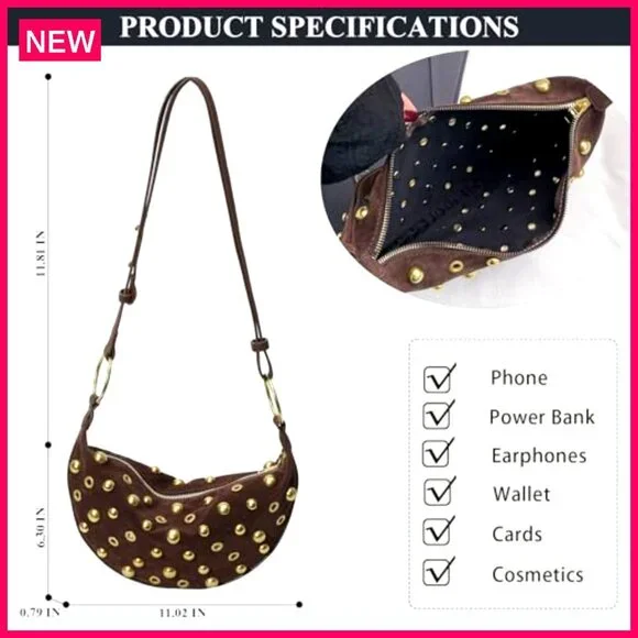 Studded Faux Suede Hobo Bag Adjustable Strap Zippered Pocket 11x6 Inches - Picture 5 of 8